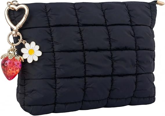 Black Puffer Quilted Makeup Bag for Women with Strawberry Keychain - 10" Roomy Puffy Cosmetic Pouch, Travel Toiletry Organizer Bag (BK-Sty-R)