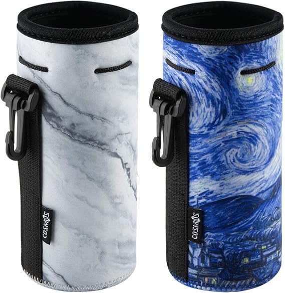 CM Neoprene Bottle Sleeve - Portable Insulator Cover with Drawstring for 18-20 Oz Bottle (Marble & Van Gogh Painting Patterns, 2 pcs)