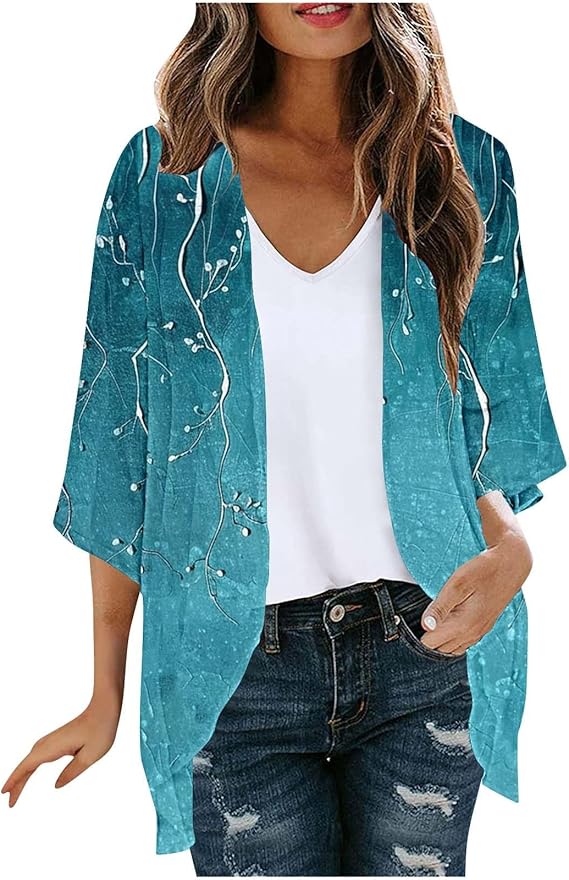 Women Floral Print Lightweight Chiffon Kimono Cardigan Half Sleeve Loose Beach Wear Open Front Cover Up Blouse Tops