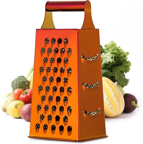 Handheld Cheese Grater Box for Kitchen, Stainless Steel 4 Sided Cheese Grater with Handle for Grinding Shredding & Slicing, Dishwasher Safe (Sunset Red)