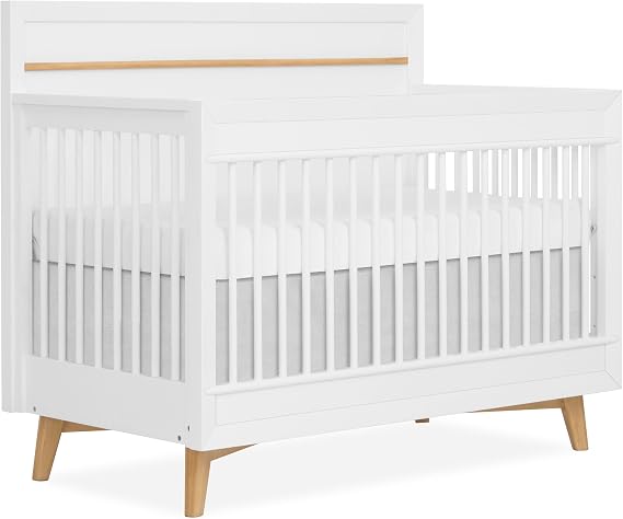 Evolur Loft Antilia Mid-Century 4-in-1 Convertible Crib in White & Natural, GREENGUARD Gold Certified, Converts to Toddler Bed, Daybed & Full Bed, Fits Standard Crib Mattress, Adjustable Mattress Base