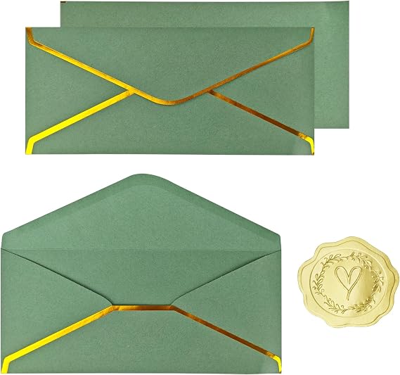 30 Pack #10 Business Envelopes with Gold Border and Stickers, Sage Green
