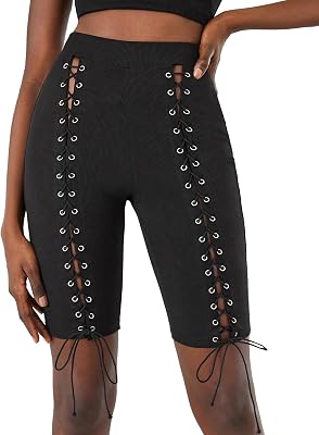 iticat Womens Black Lace Up Shorts High Rise Hollow Out Bandage Tie Up Gothic Workout Biker Short Legging Hot Pants