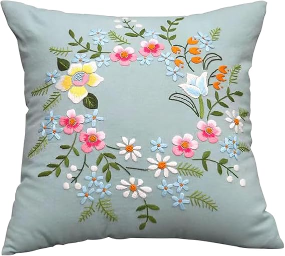 wiksite Embroidery Kit Pillowcase DIY Kit Cushion Cover Pillow Cover Embroidery Kit, Car Cushion DIY Hand Embroidery Pillow Case Kit Stitch Set with Flower Patterns and Embroidery Hoop Sewing Craft