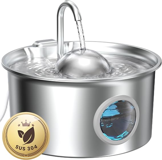 Cat Water Fountain for Drinking: Stainless Steel Cat Fountain - 2.6L Water Fountains Cats Bowl - Pet Dispenser - Drinking Fountains for Cats with Visible Level Window - Dog Dispenser Ultra Quiet