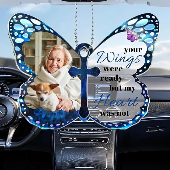 Generic Personal Photography Car Hanging Ornament, Custom Photo Car View, Memorial Gift for the Loss of Loved One Loss of Father Mom Family Keepsake Gifts (Blue)