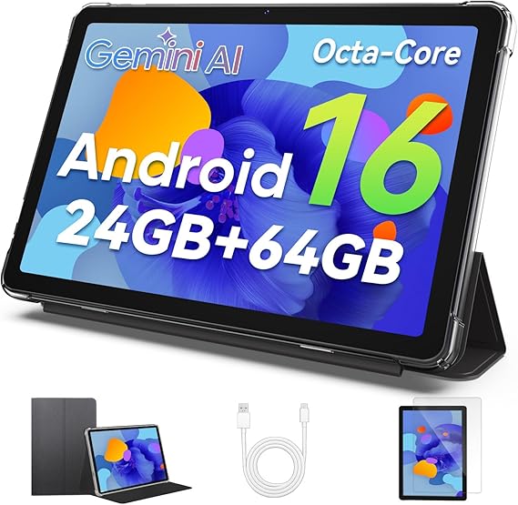 Android 16 Tablet, 10 Inch Tablet with Octa-Core, 24GB RAM 64GB ROM 2TB Expand, 2 in 1 Tablets with Gemini AI, 6000mAh, WiFi, Widevine L1, GMS, Tablets with Case