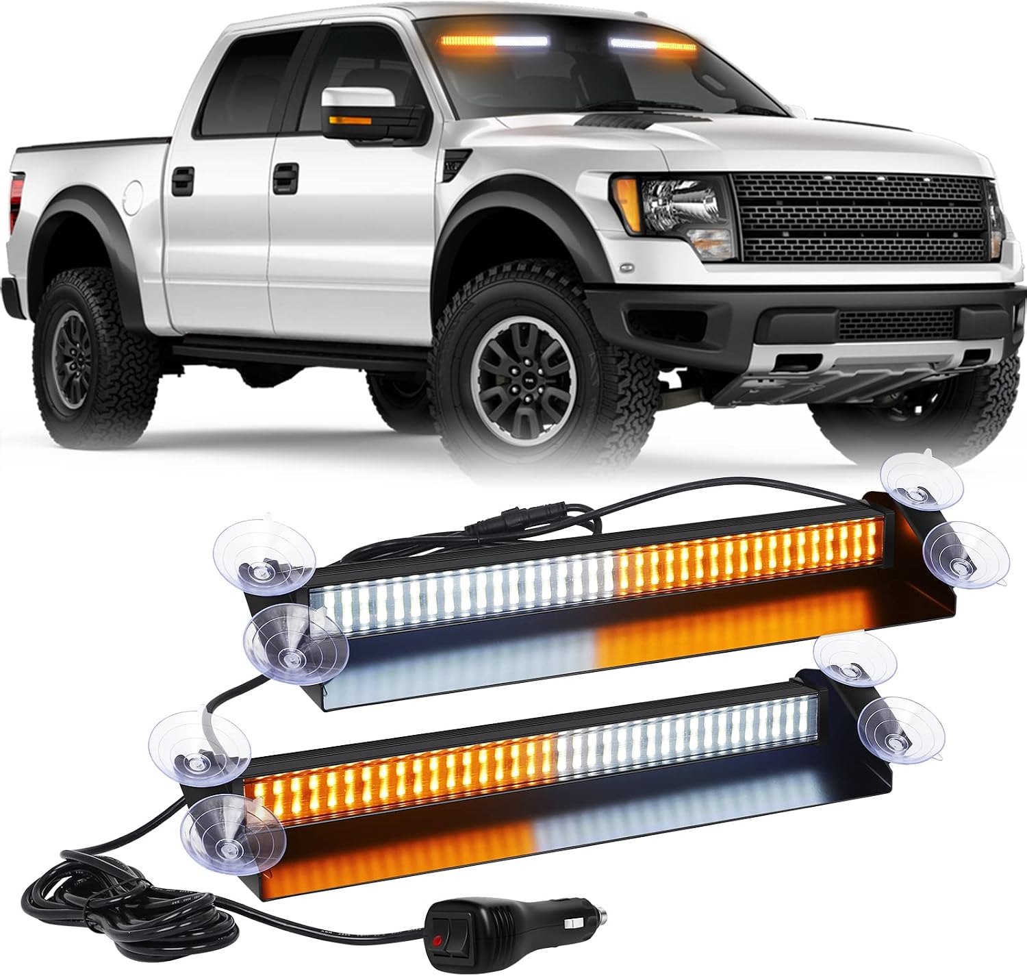 XRIDONSEN Dash Strobe Lights 144 LED Amber White Emergency Warning Hazard Safety 2x 14.5 inch FrontRear Interior Windshield Lights wSuction Cups Deck Split Mount for Construction Vehicles Trucks