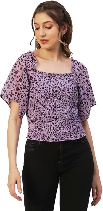Moomaya Printed Flotter Sleeves Top for Women, Short Sleeve Smocked Crop Top