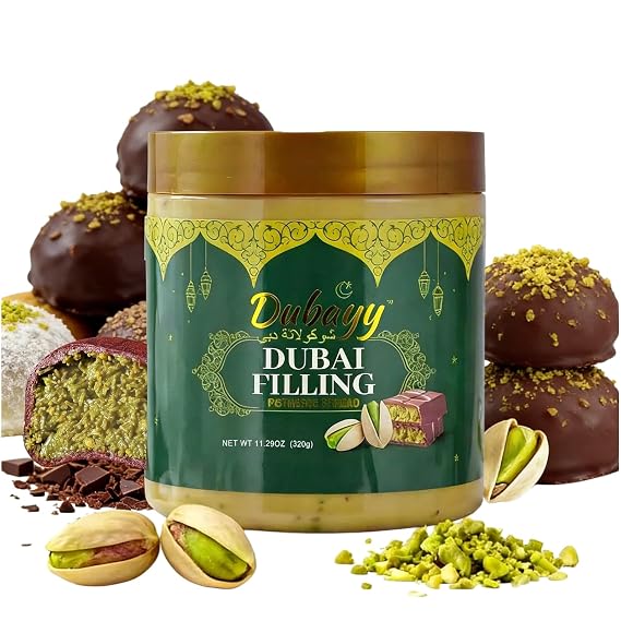 Dubai Chocolate Filling by Dubayy, Viral Pistachio Chocolate Spread with Kataifi Crisp, Luxury Dessert Dip for Waffles, Pancakes, Bread, Desserts and Breakfast (320g / jar)