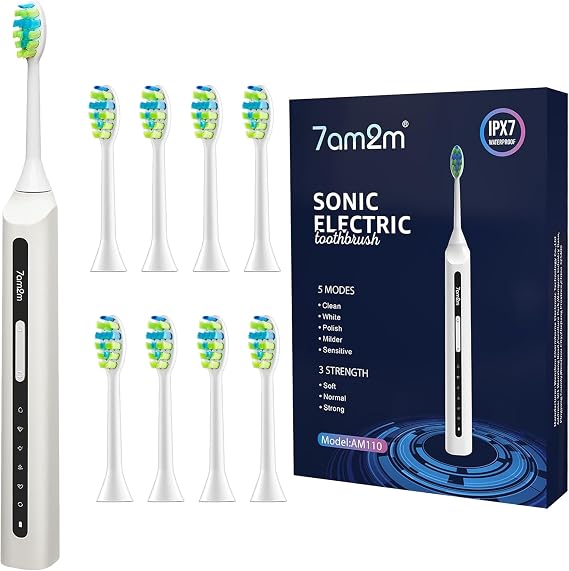 7AM2M Sonic Electric Toothbrush with 8 Brush Heads and 15 Adjustable Modes,High Power Toothbrushes(White)