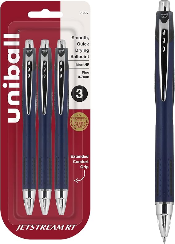 uniballTM Jetstream RT Ballpoint Pens, Black Ink, 0.7mm Fine Point, 3 Count