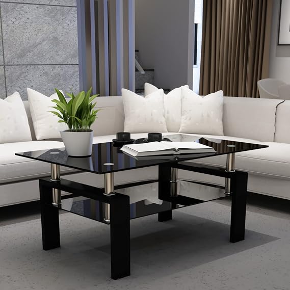 HomSof Modern Glass Coffee Table with Storage for Living Room with Metal Legs, Black Square