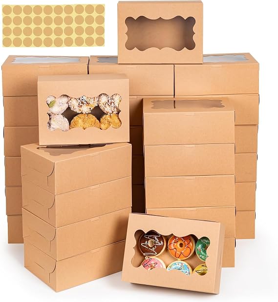 15 PCS Kraft Cookie Boxes, 8×6×3 inch Bakery Boxes with Window, Brown Dessert Packaging Gift Box for Cake, Biscuit, Macaron, Candy, Donuts for Wedding Birthday ＆ Party（21 x 15 x 7.5 cm）