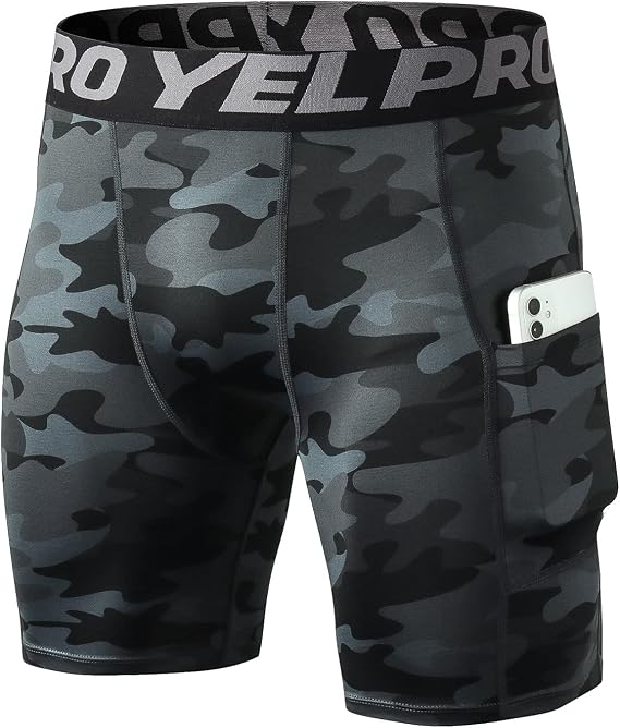 Compression Shorts Men, Gym Running Shorts with Pockets Sports Underwear Base Layer Shorts Quick-Drying Fitness Workout Shorts for Cycling, Football,