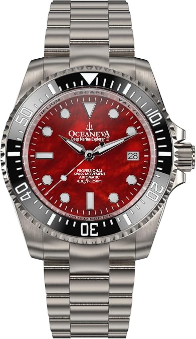 OceanevaTM Men's Deep Marine Explorer II 1250M Titanium Watch Red Mother of Pearl Dial Diver Watch - 42 mm Case Back - 1250M Water Resistance - Gold Plated Swiss Made Automatic Movement Watches