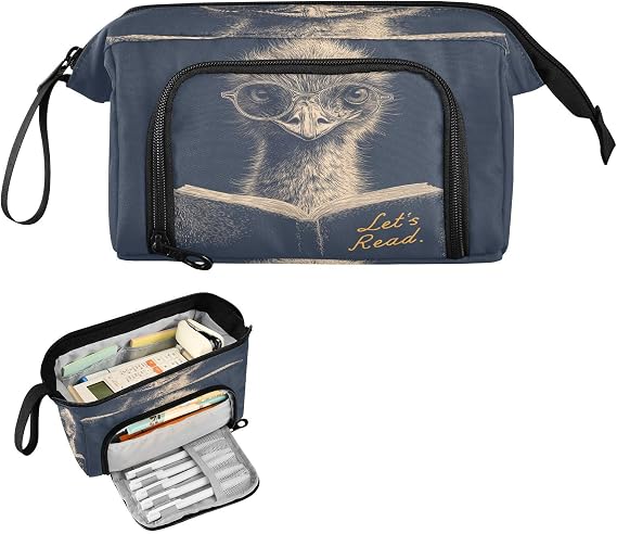 Emu Reading Book Blue Large Pencil Case Large Capacity Cute Pencil Bag with Handle for Teen Boys College cartuchera para mujer