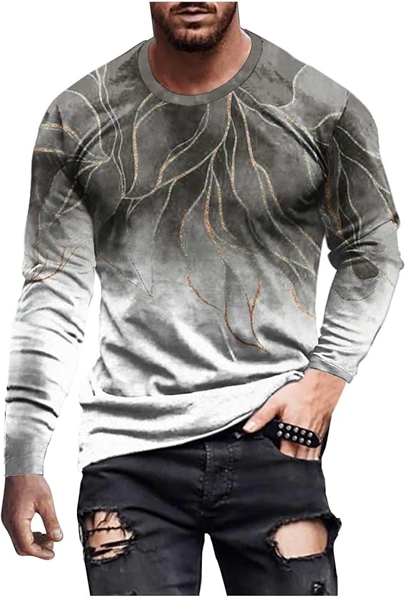 Mens Long Sleeve Shirts Casual Gradient Color Loose Pullover Graphic Tee Shirts Fall Fashion Athletic Sweatshirts