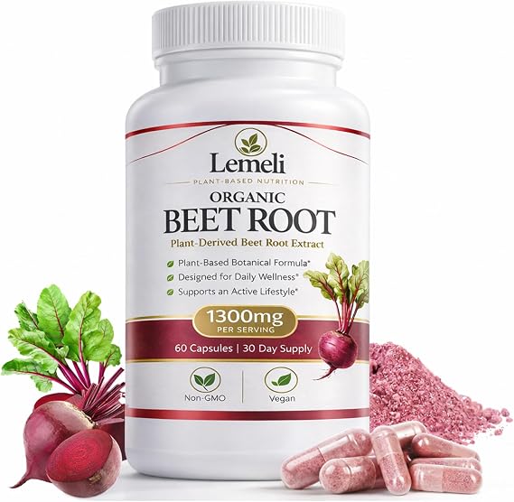 Beetroot, Beet Root Capsules 1300mg Nitric Oxide Booster with Beetroot Extract, Vitamin C & Black Pepper, High Nitrate Vegan Supplement, 60 Count