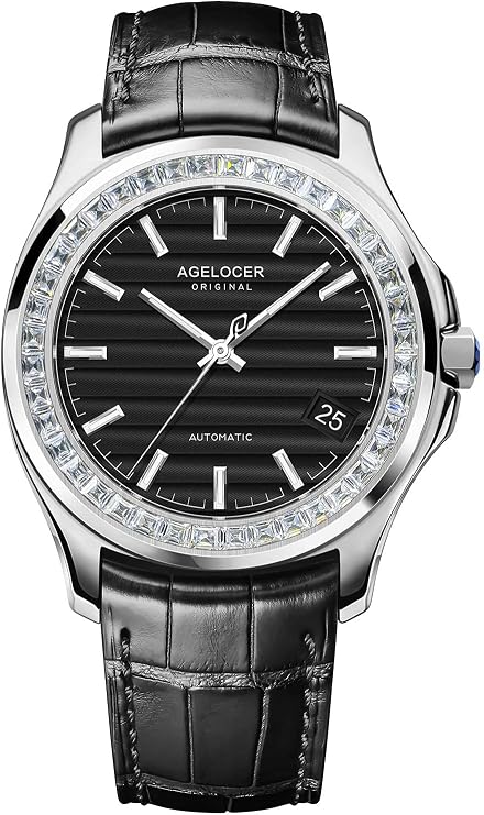 Agelocer Men's Diamond Automatic Date Watch Top Brand Sport Mechanical Waterproof Fashion Leather Buckle Luminous Watch, WH:6302E1