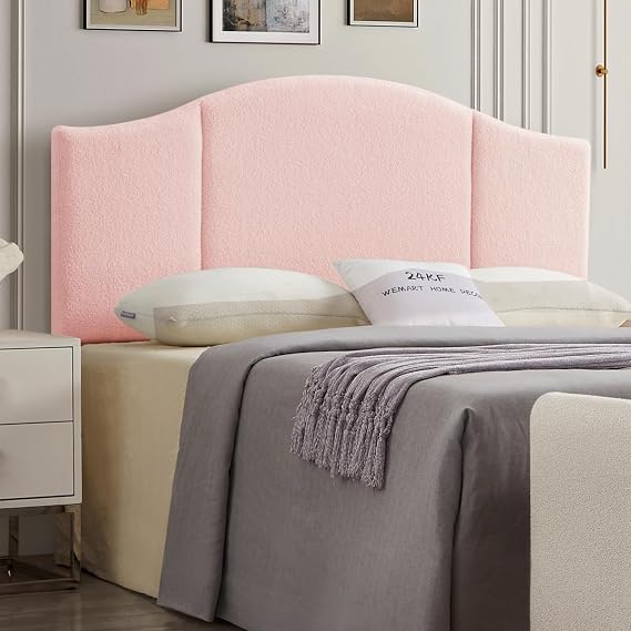 24KF Upholstered Soft Teddy Fabric Queen Headboard,Modern Wave-Like Top Edge Full Size Headboard, 6033-Q-Pink