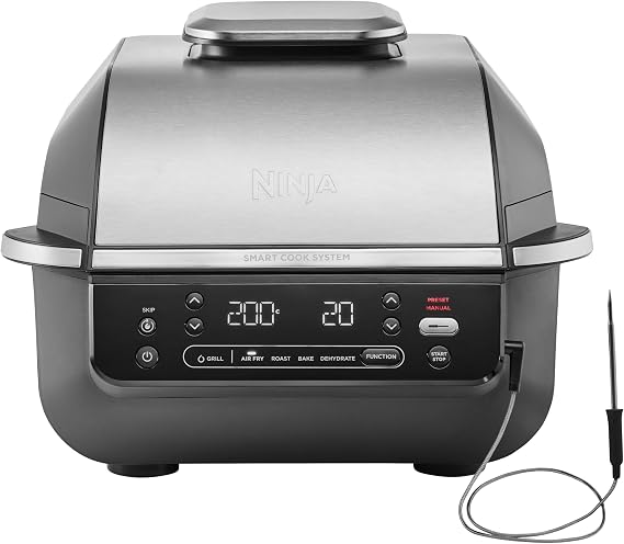 Ninja EG351EU 5-in-1 Indoor Grill & Hot Air Fryer 5 Cooking Functions Holds up to 4 Burgers 5.7L Capacity Low Smoke Includes Digital Roasting Thermometer Black/Silver