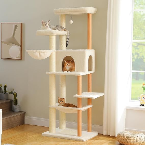 PETEPELA Tall Cat Tree for Large Cats Adult 73.2'' with Metal Frame Big Hammock, Wooden Cat Tower, Large Condo House with Scratching Post&Pad, Beige White