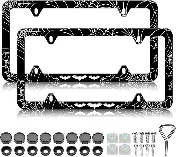 Bat License Plate Frames - 2 Pack Spider Web Goth Gothic License Plate Holder Covers,Stainless Steel Rust-Proof Waterproof Car Decorative Tag Frame for Standard US 12x6 Inch