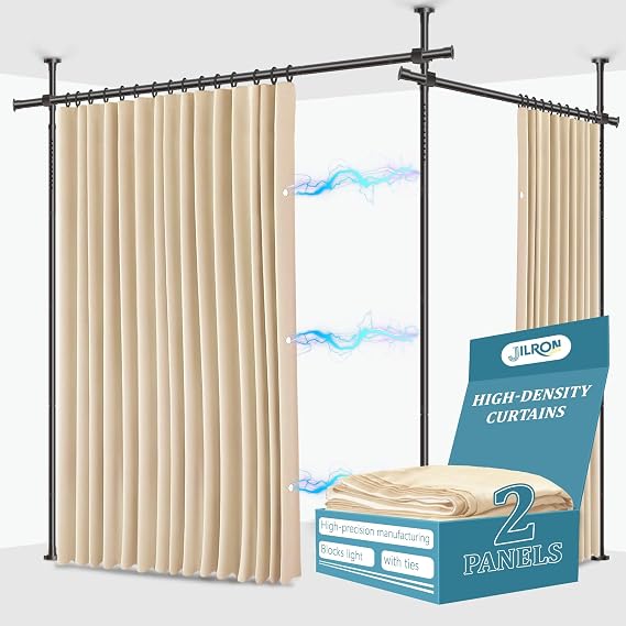 JILRON No-Drill Room Divider Curtains Set: Includes 106" W x 84" L Beige Curtain 2-Panel & Adjustable Pole Brackets (72-200" W x 43-120" H Adjustable Range)