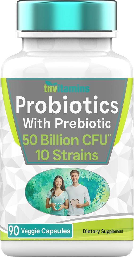 tnvitamins Probiotics with Prebiotic: 50 Billion CFU - 10 Strain - 90 Vegetarian Capsules | with Acidophilus Probiotic for Digestive Health, Gut Health, Immune Support* | for Men & Women