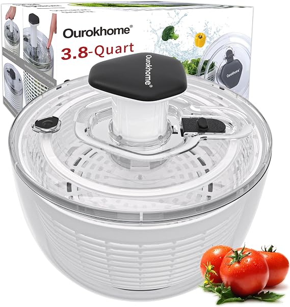 Ourokhome Salad Spinner Lettuce Dryer, One-Handed Easy Press Large Vegetable Dryer Salad Mixer with Comfortable and Retractable Pusher and Brake Button for Greens, Herb, Berry, Fruits, 3.8 QT, Black