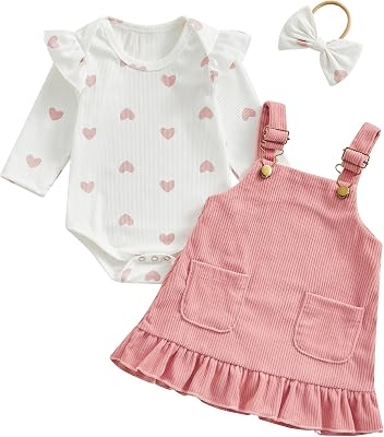 Baby Girl Clothes 2Pcs Suit Long Sleeve Heart Print Tops Dress Headband Spring Summer Skirt Sets Pink Dress Set, 3-6 Months