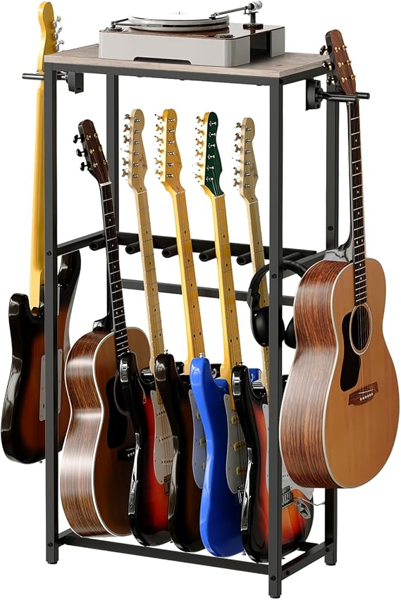 MAHANCRIS Guitar Stand, Guitar Rack for Acoustic Holder, Electric Guitar, Bass, Multiple Guitar Rack Holder for Guitars, Guitar Amp Accessories, for Home Music Studio, Greige and Black GSHG6501