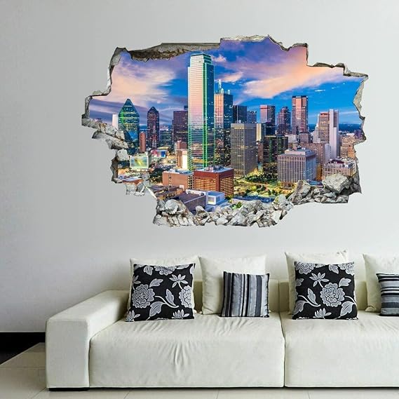 3D Self-adesive Removable Break Through The Wall Vinyl Wall Stickers/Murals Art Decals Stickers Dallas, Texas, USA Downtown City Skyline 2 24 x 16 Inch Wall Decor for Kids, Made in USA