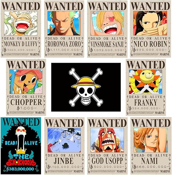 CBKSUHBADE 15in11in Anime One Piece Wanted Bounty Posters, New Edition, 10 Straw Hat Pirates Crew Zoro, Sanji, Luffy, a Set of 11PCS