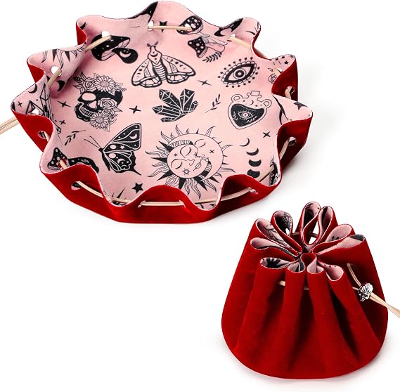 CiyvoLyeen Red Dice Tray Drawstring Storage Bag with Velvet Dice Rolling Tray Perfect as DND Gifts for RPG Players, Tabletop Gamers, Small Accessories - Ideal for Jewelry, Coins, Keys