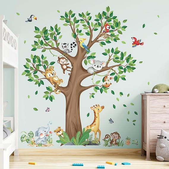 decalmile Wandsticker Dschungel Tiere Groß Baum Wandtattoo Giraffe(XL)