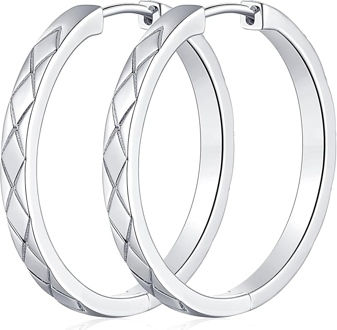 Sterling Silver Hoop Earrings for Women Silver Earrings Hoops Large Silver Huggie Hoop Earrings Unique Cross-cut Design 30MM*3.5MM
