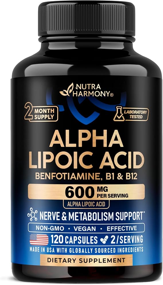 Alpha Lipoic Acid 600mg - ALA Supplement + Benfotiamine B1 & B12 - 120 Caps