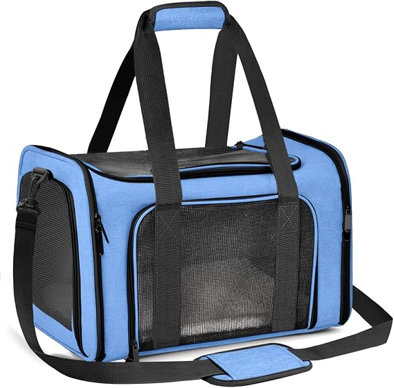 Cat Carrier Dog Carrier Portable Pet Carrier, Soft Sided Cat Carrier Medium Small Airline Approved, Foldable Bunny Puppy Carrier up to 15lbs, Cat Bag for Travel(Blue,Large)