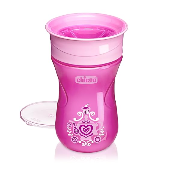 Chicco 360 Spoutless Sippy Cup 9+ Months, 9oz Toddler Training Cup, 2-in-1 Trainer with Removable Membrane for Open Cup, Spill-Resistant Rim, BPA-Free, Pink