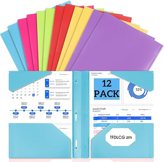 12 PCS Plastic Folders with Pockets and Prongs,3 Prong 2-Pocket Folders