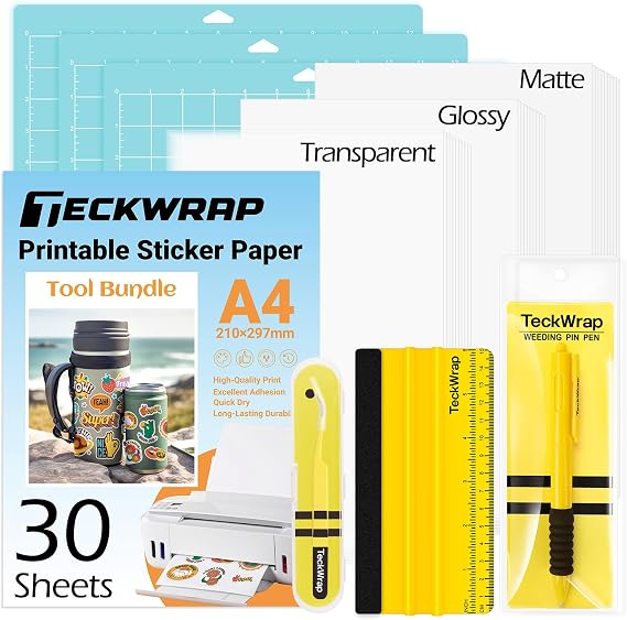 TECKWRAP Printable Vinyl Sticker Paper, (MatteGlossyTransparent) Inkjet Printable Sticker Vinyl, A4 30PCS Photo Paper for Craft, Stickers, Labels All-in-One Tools & Accessories Bundle Kit