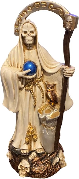 Statues 16" White Lady of The Holy Death La Santa Muerte White Moon on Hand with Pesos Bag Made in Mexico