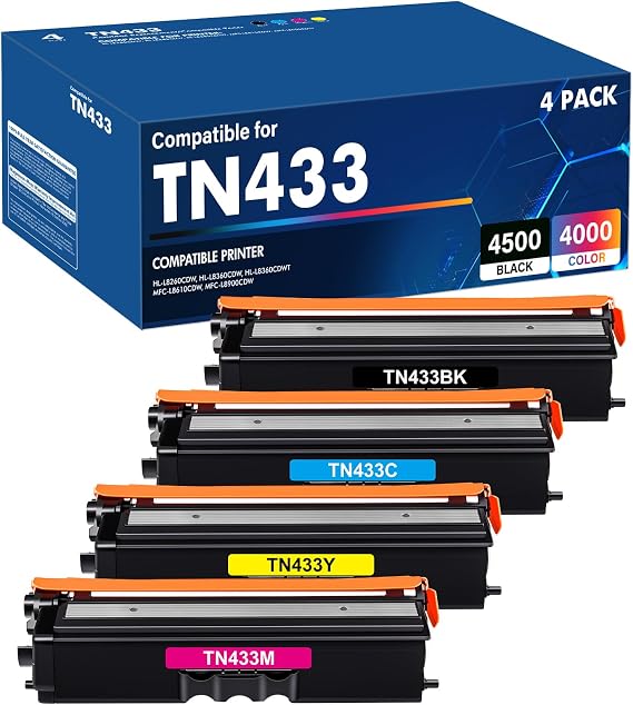 TN433 TN-433 Toner Cartridges TN 433 TN431 MFC-L8900cdw HL-L8360CDW ,4 Pack | Compatible for Brother TN433 TN433bk TN431 TN-431 MFC-L8900CDW HL-L8260CDW HL-L8360CDW MFC-L8610CDW HL-L8360CDWT Printer Ink