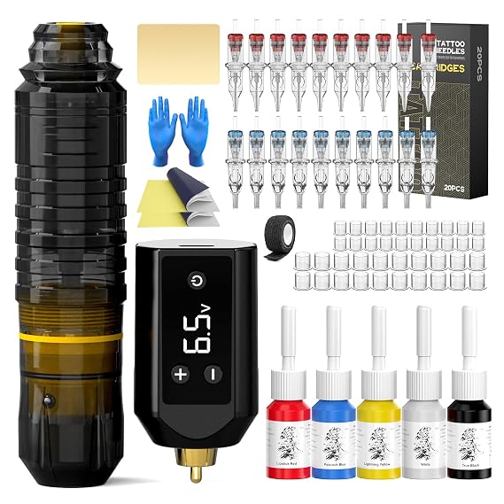 Tattoo Gun Kit 20pcs Tattoo Needles 5pcs Tattoo Ink For Beginners Black