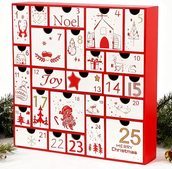 Juegoal Advent Calendar, 11.8'' Red Wooden Advent Calendars with 25 Storage Drawers Countdown to Christmas 2026, Christmas Advent Holiday Decor