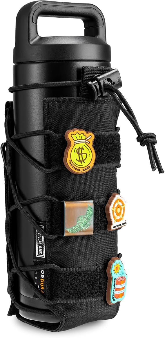 TACTICAL GEEK EXT11 Water Bottle Pouch, Portable Carrier, Drawstring Travel Holder, Adjustable Outdoor Sports Kettle Carrier Holster, Molle Water Bottle Holder (Black)