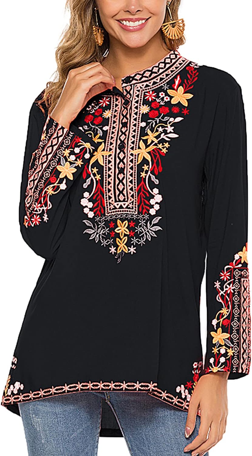 Higustar Women's Mexican Embroidered Tops Traditional Boho Hippie Clothes Peasant Blouse Bohemian Long Sleeve Shirt Tunic