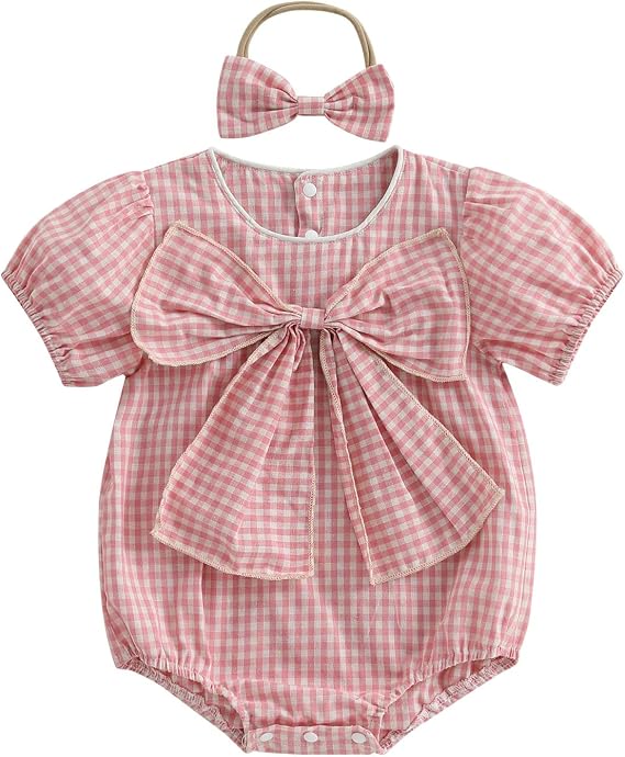 Newborn Baby Girl Summer Outfits Applique Plaid Romper T-shirt Short Sleeve Ruffle Bubble Bodysuit Infant Clothes
